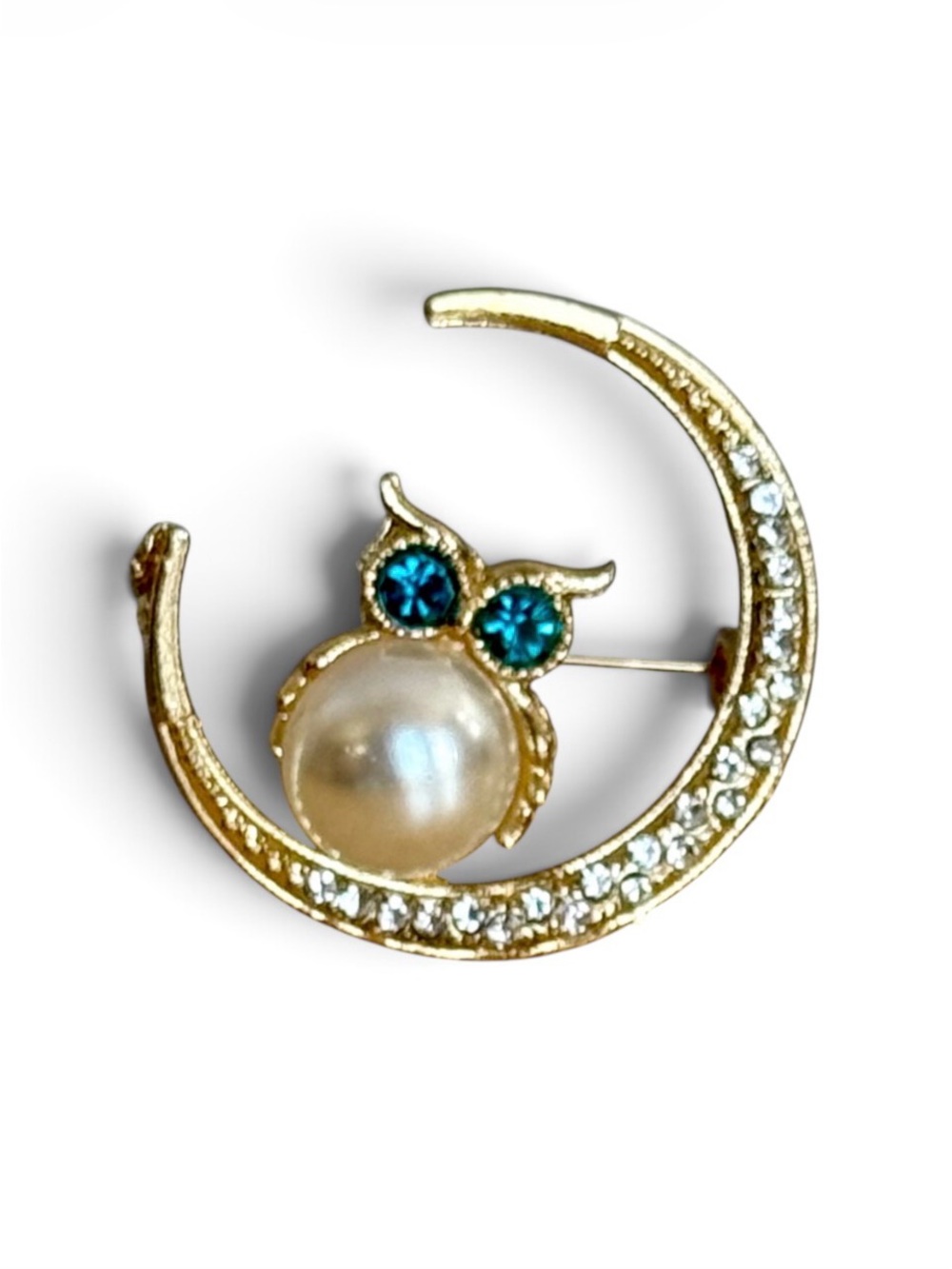 Gold Tone Owl Crescent Brooch with Faux Pearl Body and Blue Crystal Rhinestone